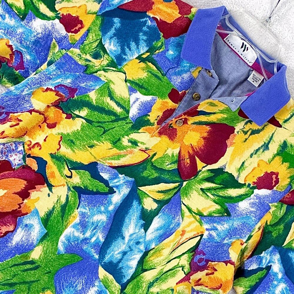 VTG Thomas Wilson Polo Shirt Mens M Floral Art AOP Hawaiian Aloha Vacation 90s